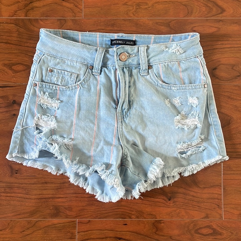 Sincerely Jules High Rise Light Wash Red Pin Striped Cut Off Jean Shorts